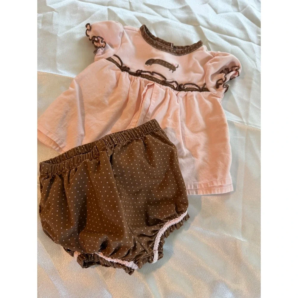 VTG Gymboree Baby Girl Pink Brown Dachshund Dog Polka Dot Bloomer Set 0-3 Months